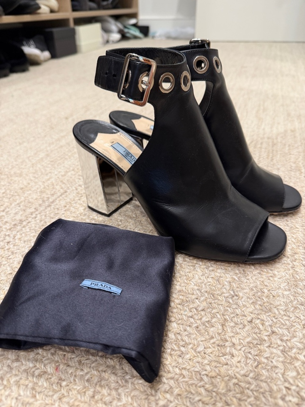 Vintage Prada Black Leather Peep-Toe Ankle Boots with Silver Eyelets